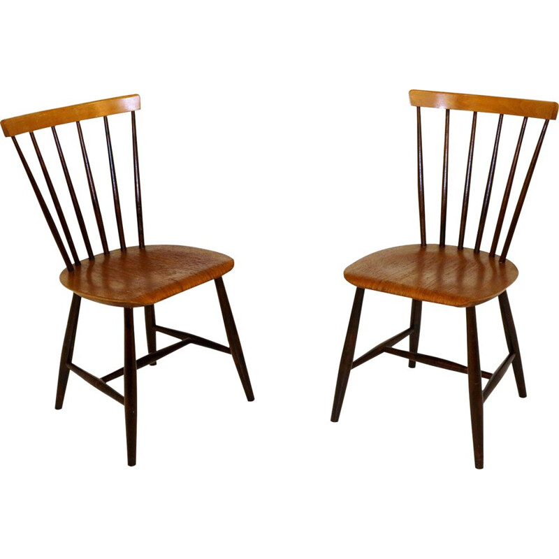 Pair of typical Swedish vintage teak and beech stick chairs