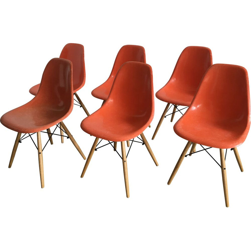 Set of 6 vintage dining chairs orange DSW  by Charles & Ray Eames