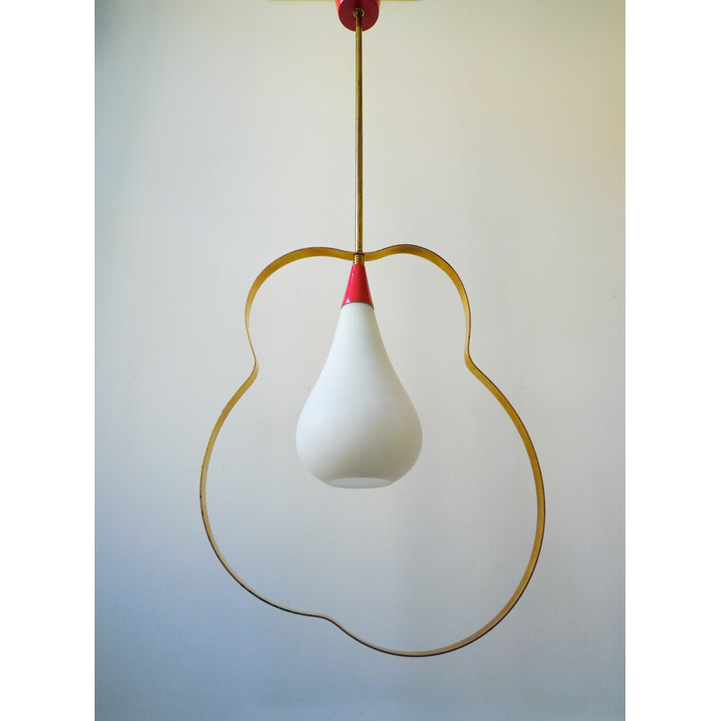 Mid-Century Stilnovo Style Italian Brass & Glass Ribbon Pendant Light, 1950s