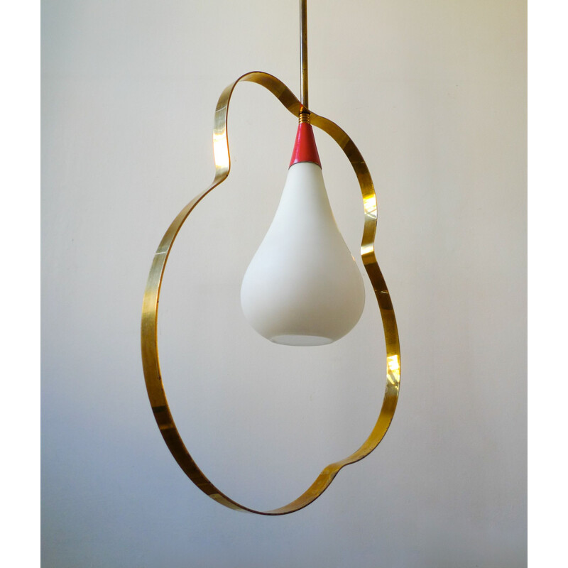 Mid-Century Stilnovo Style Italian Brass & Glass Ribbon Pendant Light, 1950s