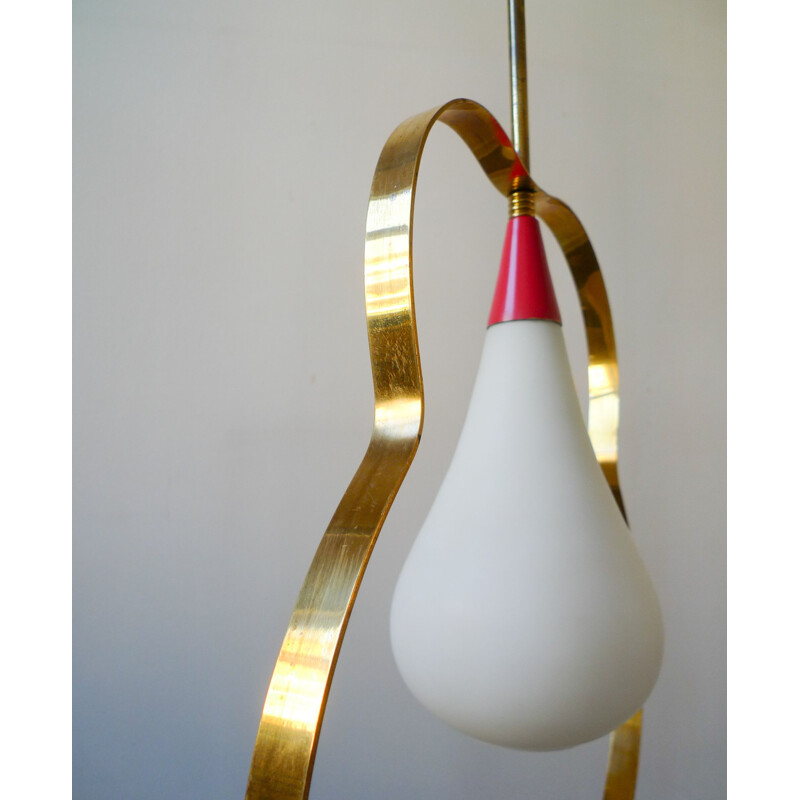 Mid-Century Stilnovo Style Italian Brass & Glass Ribbon Pendant Light, 1950s