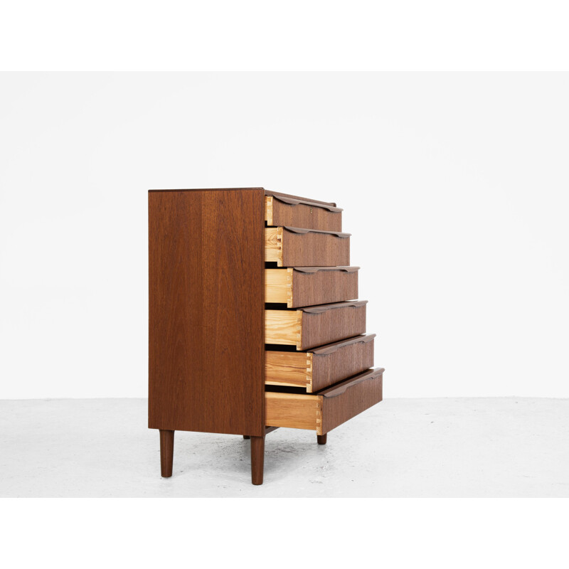 Midcentury chest of 6 drawers in teak with long drawer handle in 2 parts Danish 1960s