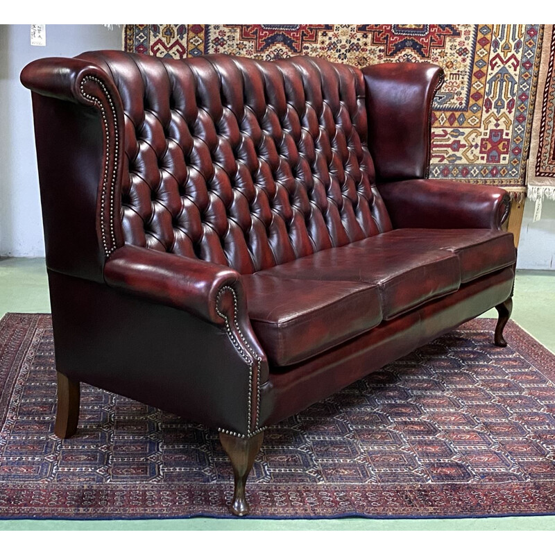 Vintage 3-seater Chesterfield sofa in red leather - 1980 English winged model