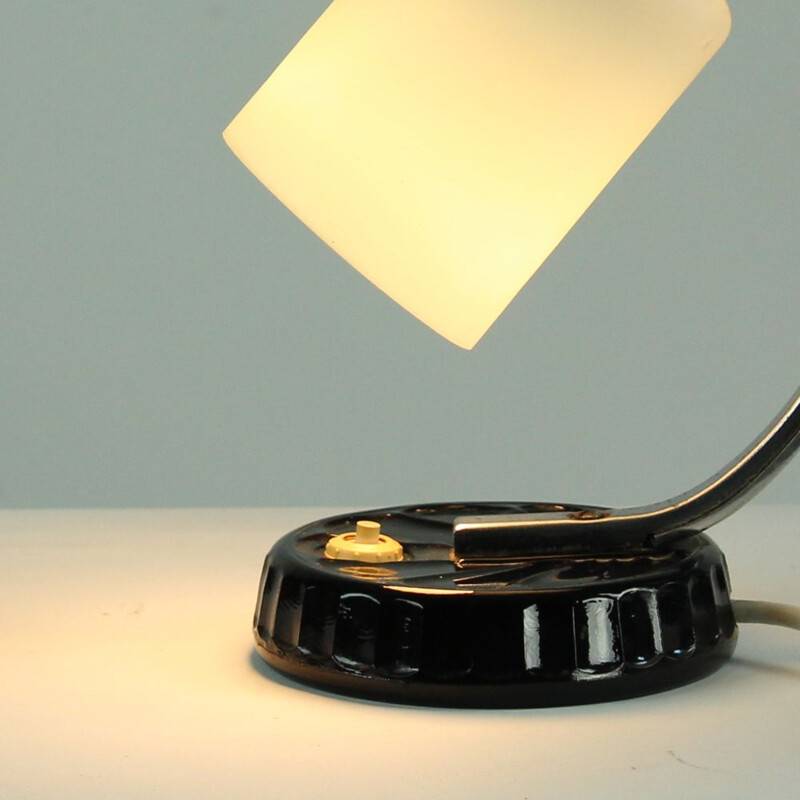 Midcentury Table Lamp In Chrome And White Glass, Czechoslovakia 1950s