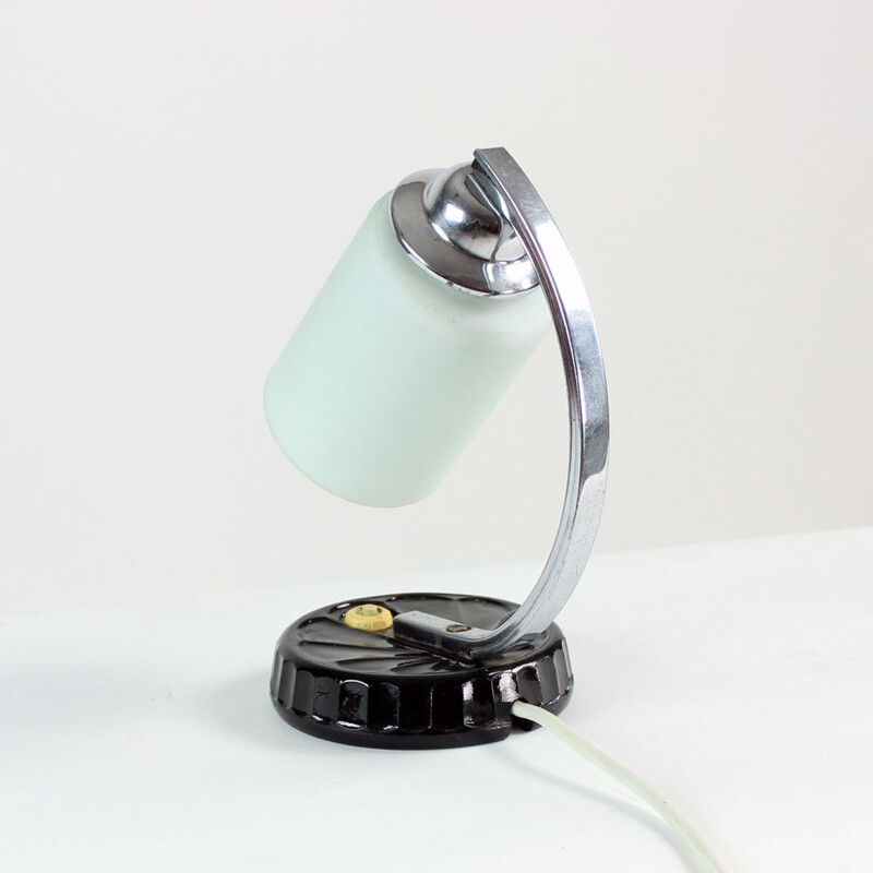 Midcentury Table Lamp In Chrome And White Glass, Czechoslovakia 1950s