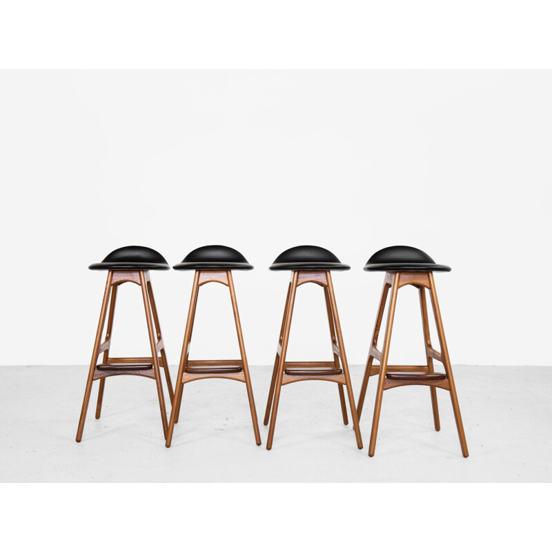 Ensemble de 4 tabourets de bar vintage en teck et cuir par Erik Buch pour O.D. Møbler Danois