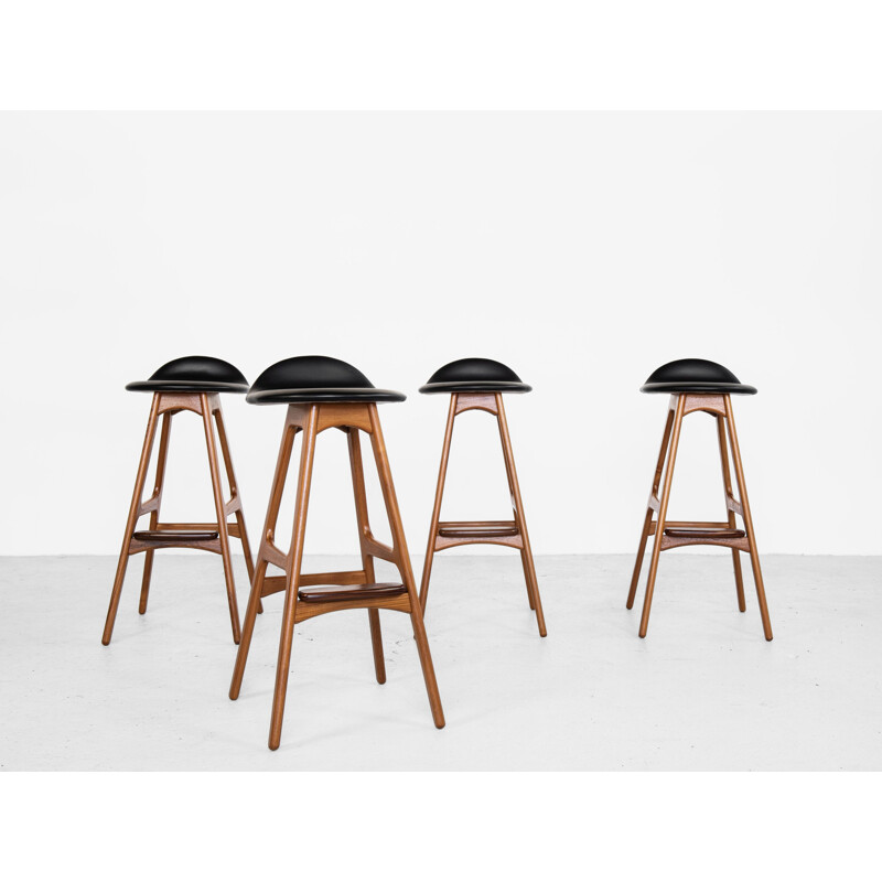 Ensemble de 4 tabourets de bar vintage en teck et cuir par Erik Buch pour O.D. Møbler Danois