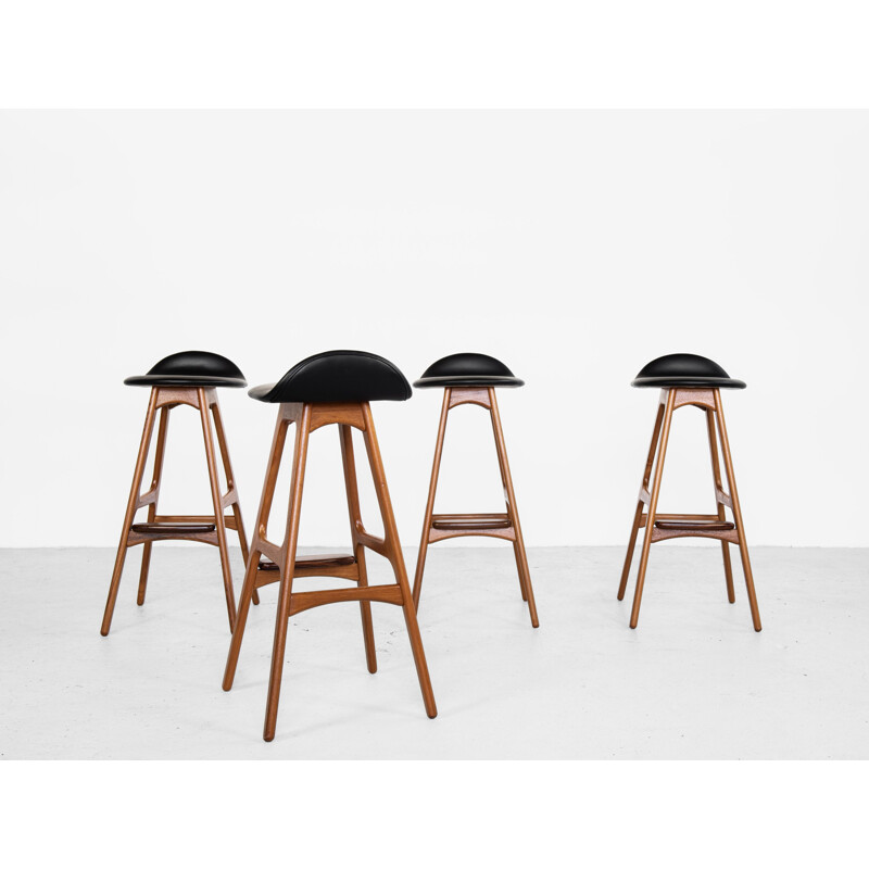 Set of 4 bar Midcentury stools in teak and leather by Erik Buch for O.D. Møbler Danish