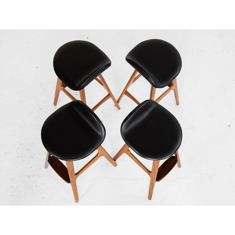 Set of 4 bar Midcentury stools in teak and leather by Erik Buch for O.D. Møbler Danish