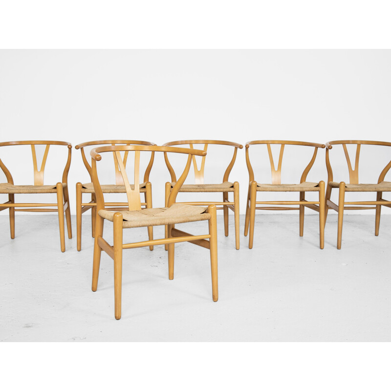 Lot de 6 chaises Vintage Wishbone en hêtre de Hans Wegner pour Carl Hansen & Søn 1949
