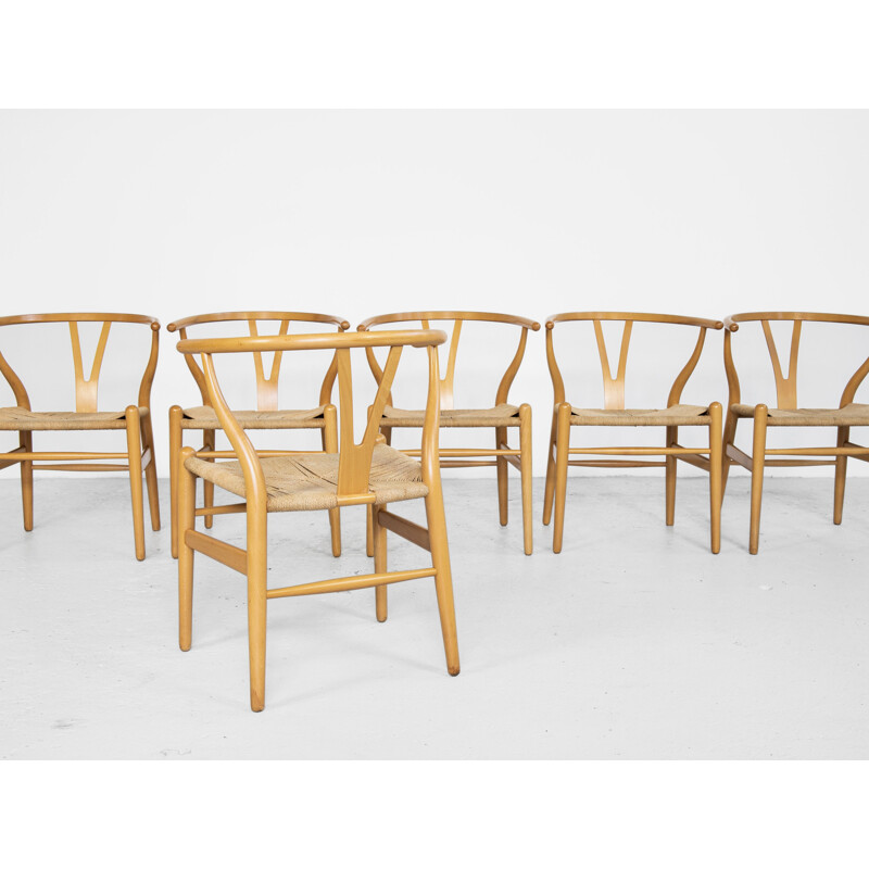 Lot de 6 chaises Vintage Wishbone en hêtre de Hans Wegner pour Carl Hansen & Søn 1949