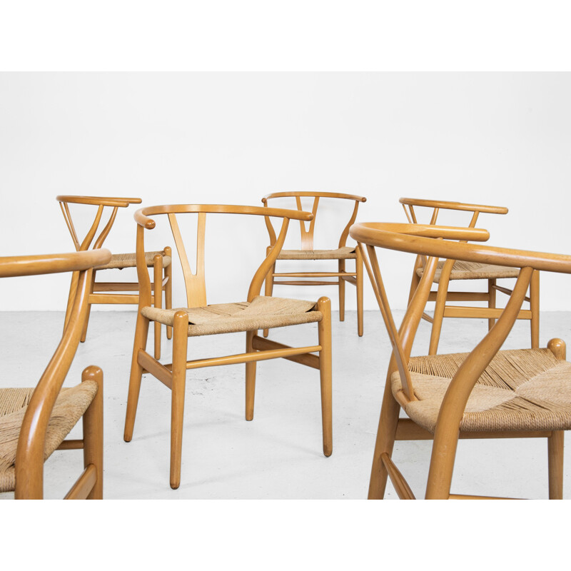 Lot de 6 chaises Vintage Wishbone en hêtre de Hans Wegner pour Carl Hansen & Søn 1949