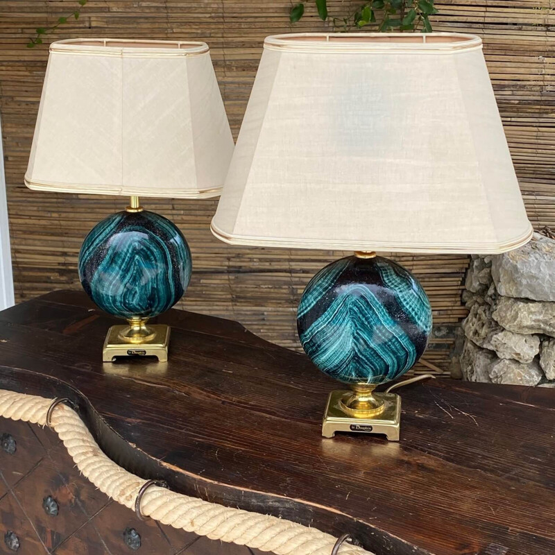 Pair of Malachite Vintage Pattern Painted Metal Table Lamps, 1970