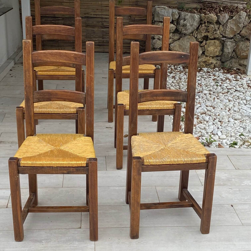 Ensemble de 6 chaises vintage en paille et bois massif, 1950