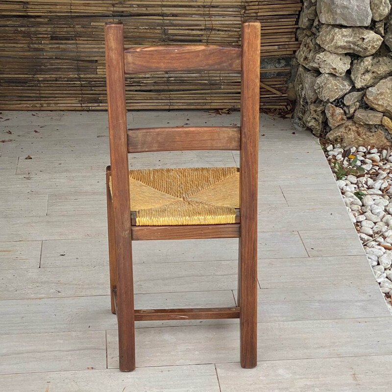 Set of 6 vintage straw and solid wood chairs, 1950