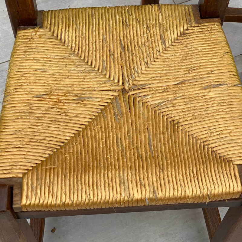 Set of 6 vintage straw and solid wood chairs, 1950