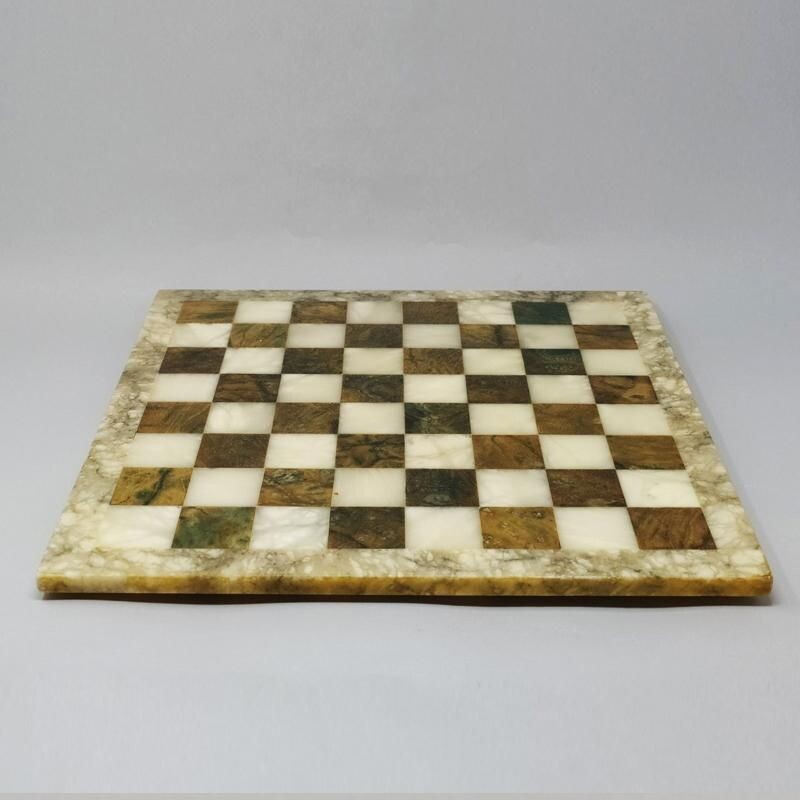 Jeu d'échecs vintage en marbre vert et beige fait à la main Italie 1960