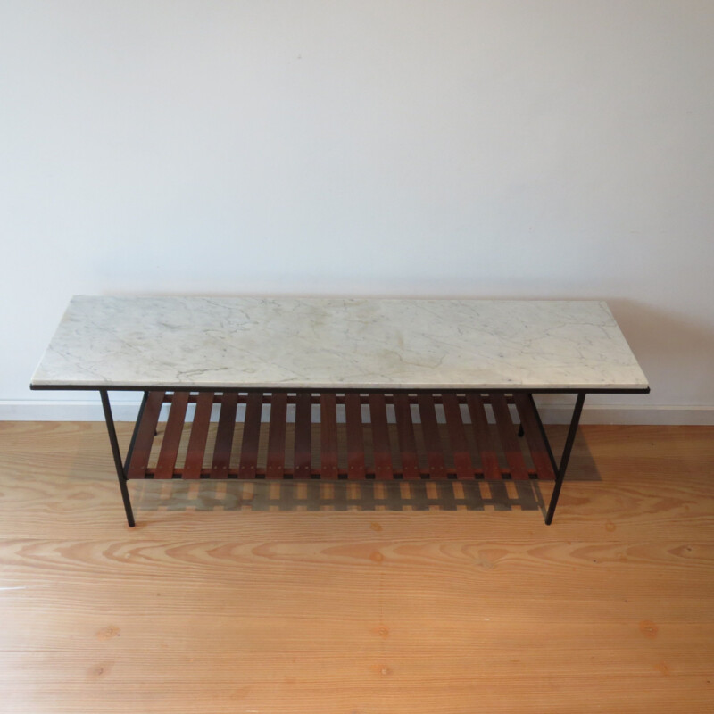 Vintage Metal Side Table Marble Top And Teak Slatted Shelf 1950s