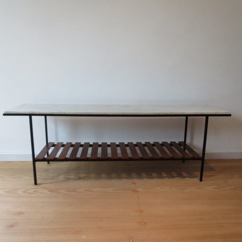 Vintage Metal Side Table Marble Top And Teak Slatted Shelf 1950s