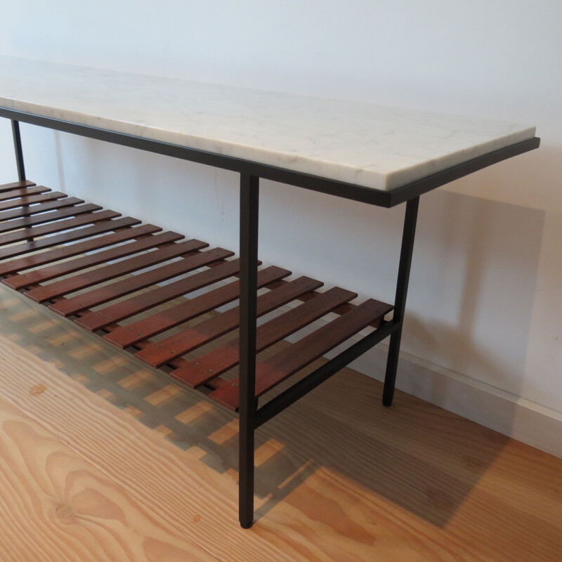 Vintage Metal Side Table Marble Top And Teak Slatted Shelf 1950s