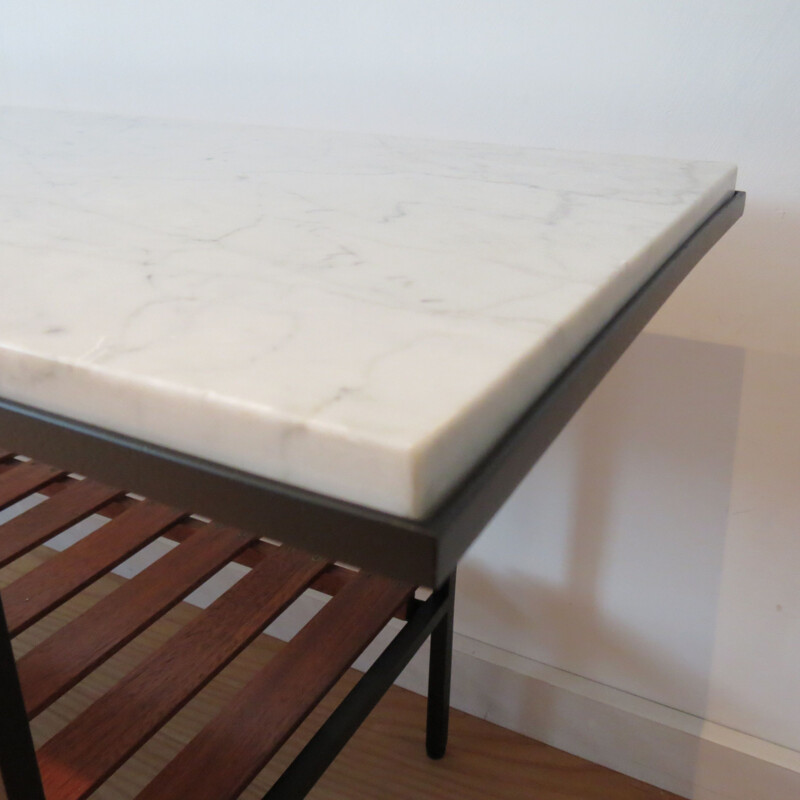 Vintage Metal Side Table Marble Top And Teak Slatted Shelf 1950s