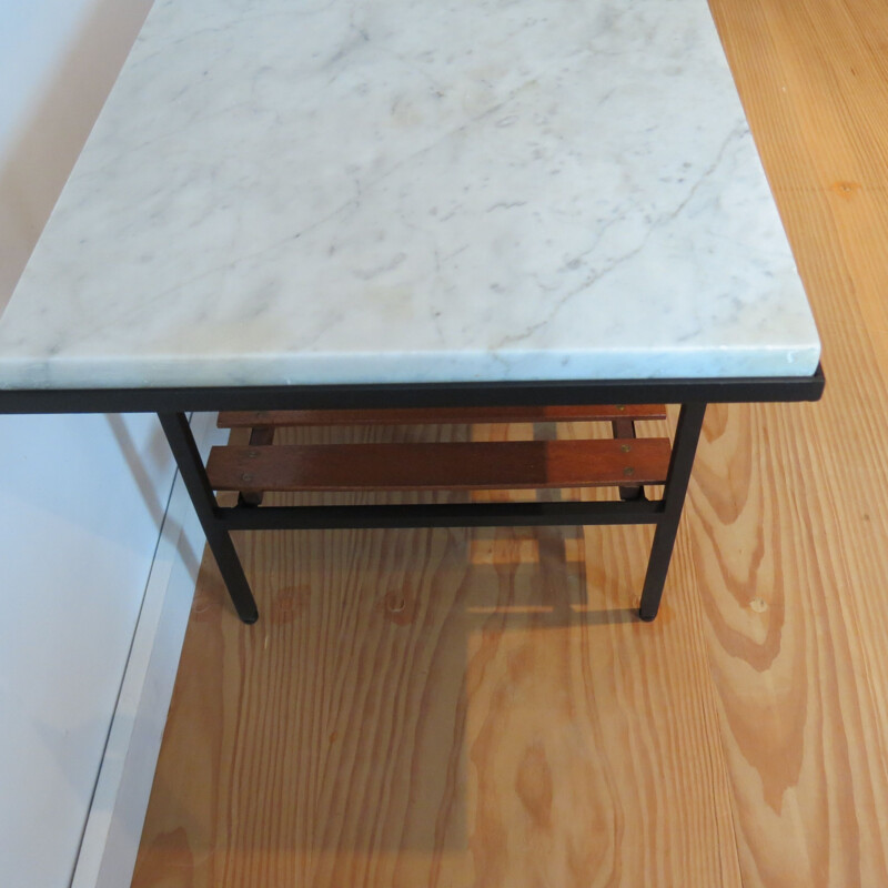 Vintage Metal Side Table Marble Top And Teak Slatted Shelf 1950s