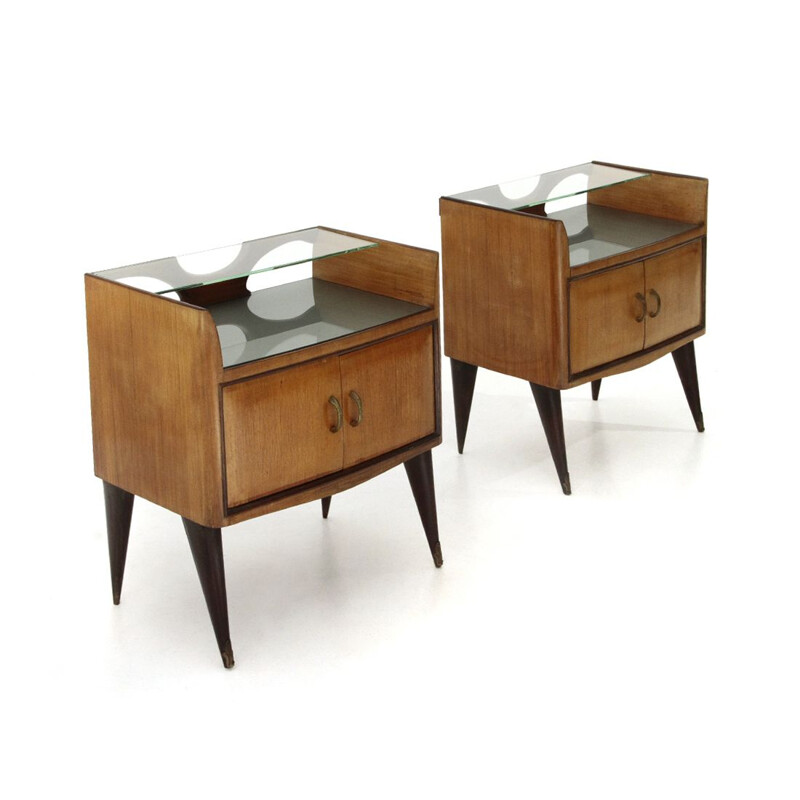 Pair of vintage bedside tables with glass shelf, 1950s