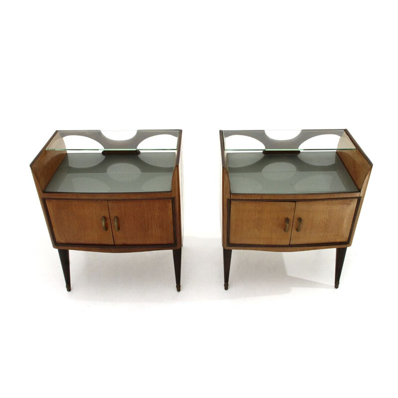 Pair of vintage bedside tables with glass shelf, 1950s