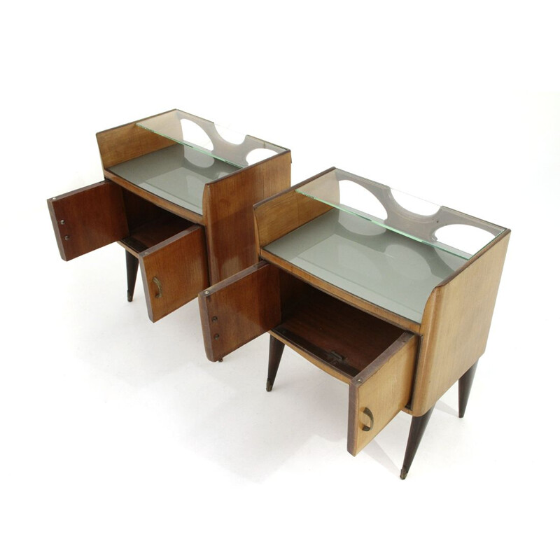 Pair of vintage bedside tables with glass shelf, 1950s