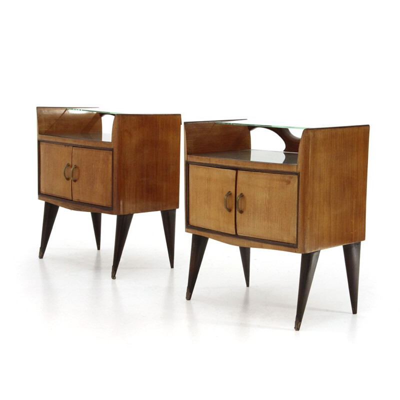 Pair of vintage bedside tables with glass shelf, 1950s