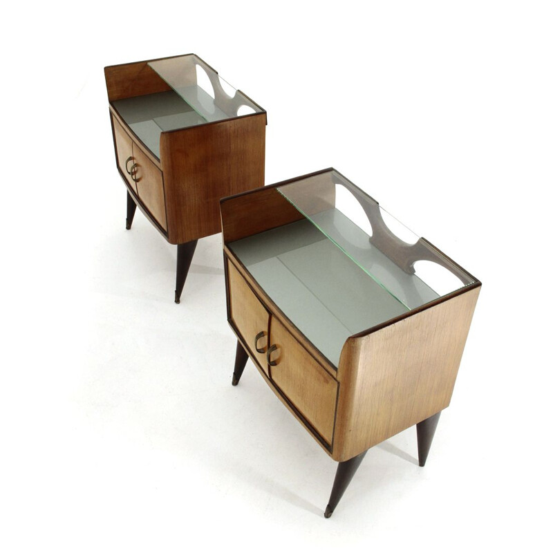 Pair of vintage bedside tables with glass shelf, 1950s