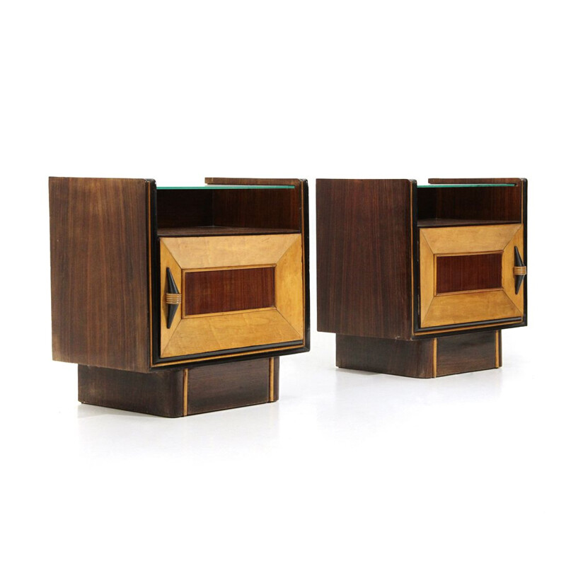 Pair of vintage rationalist bedside tables with glass shelf, 1940s