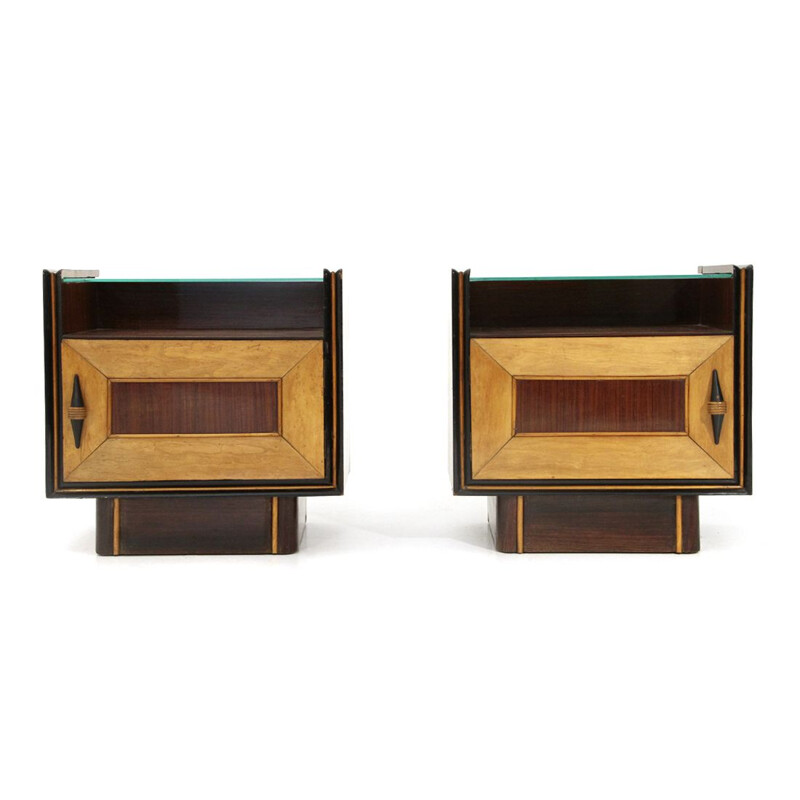 Pair of vintage rationalist bedside tables with glass shelf, 1940s