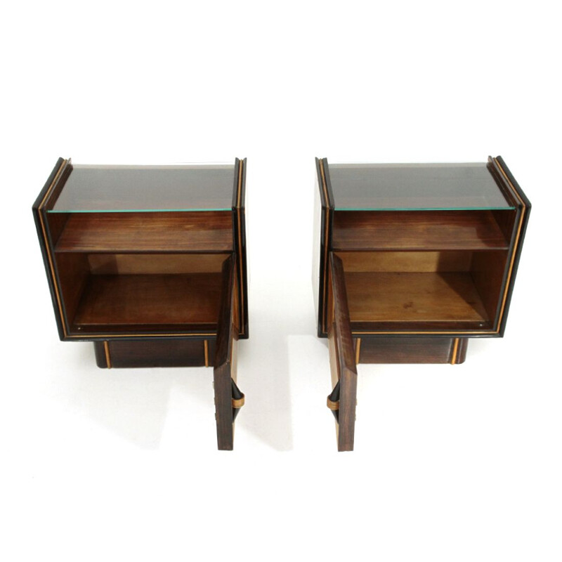 Pair of vintage rationalist bedside tables with glass shelf, 1940s