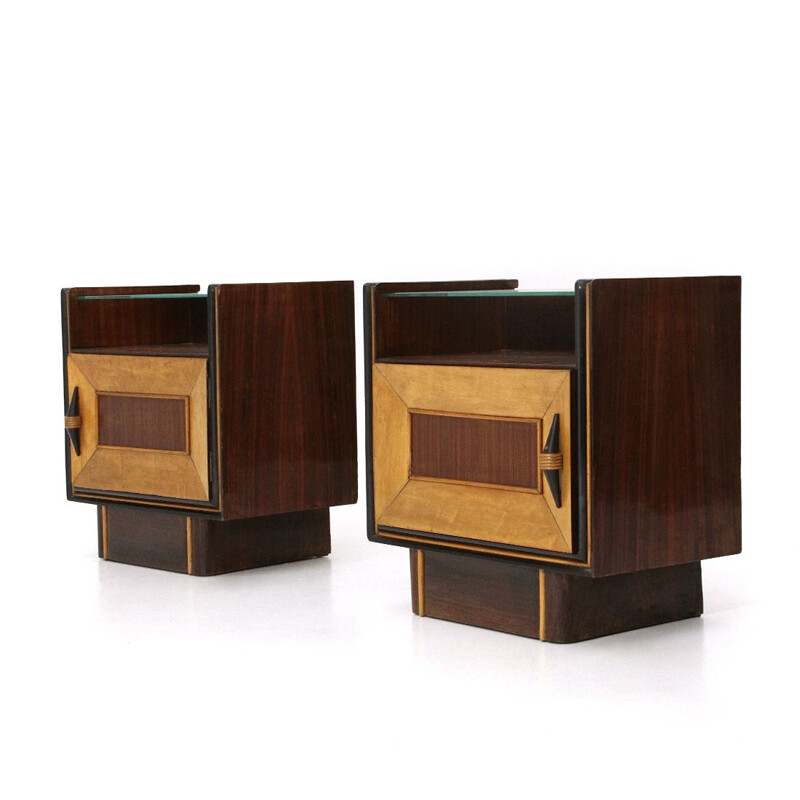 Pair of vintage rationalist bedside tables with glass shelf, 1940s