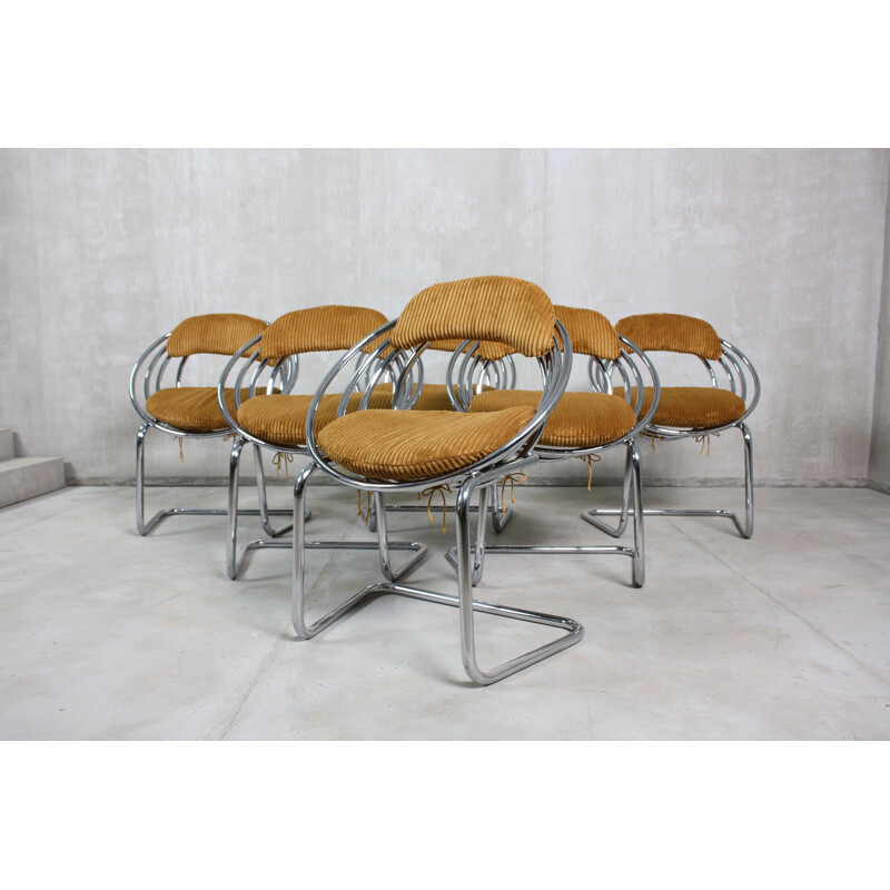 Set of 6 vintage Tubular Steel and Velvet Cantilever Dining Chairs, 1970s