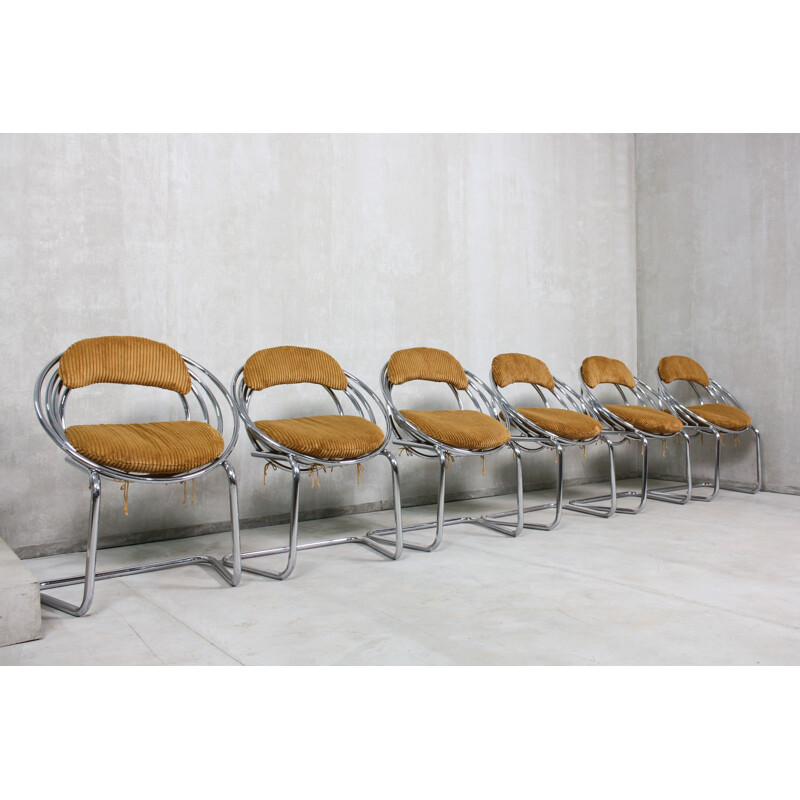 Set of 6 vintage Tubular Steel and Velvet Cantilever Dining Chairs, 1970s