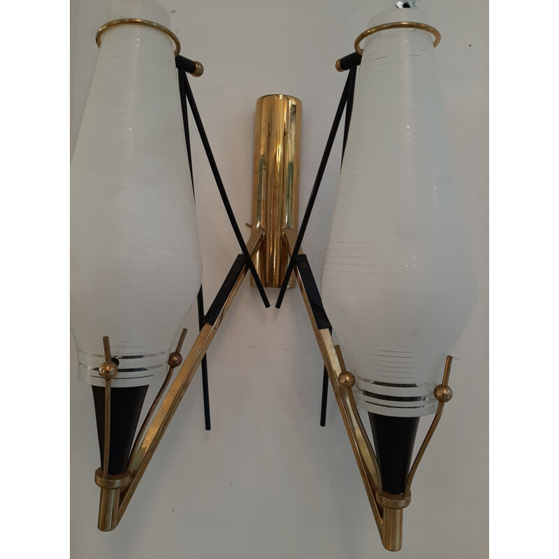 Pair of vintage wall lamp with striated glass, Italy 1950
