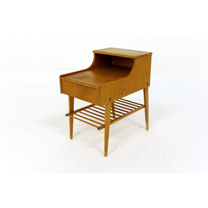 Vintage bedside table in elm and birch, Sweden 1960