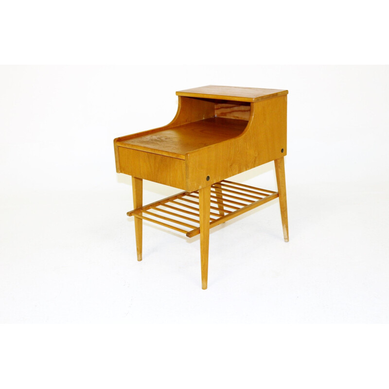 Vintage bedside table in elm and birch, Sweden 1960