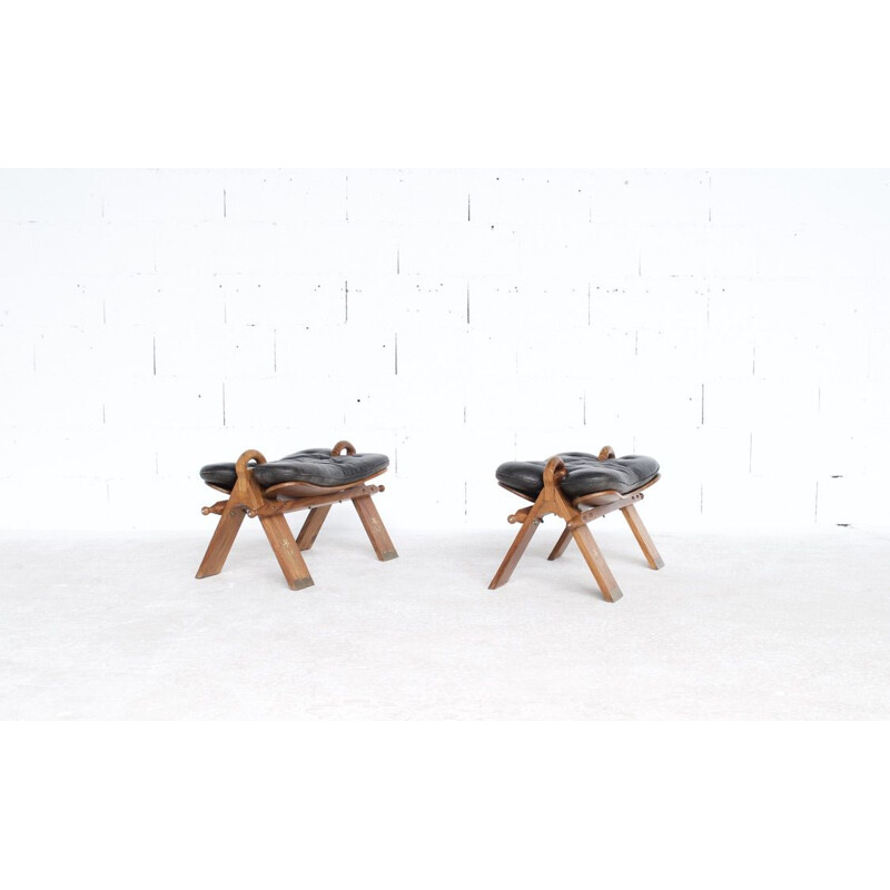 Pair of vintage teak leather stools 1960
