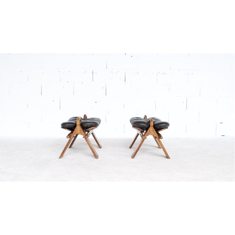 Pair of vintage teak leather stools 1960
