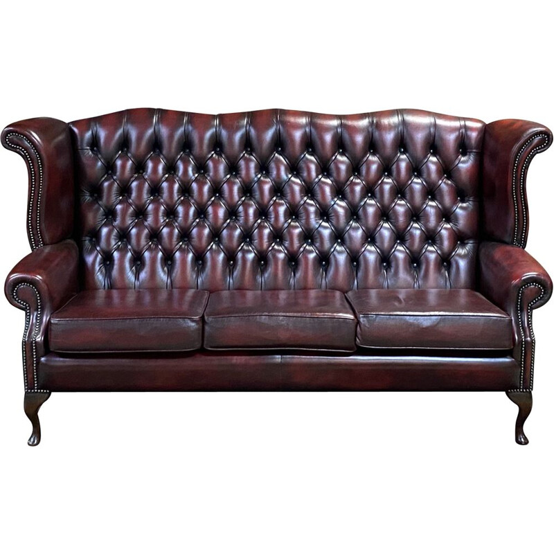 Vintage 3-seater Chesterfield sofa in red leather - 1980 English winged model