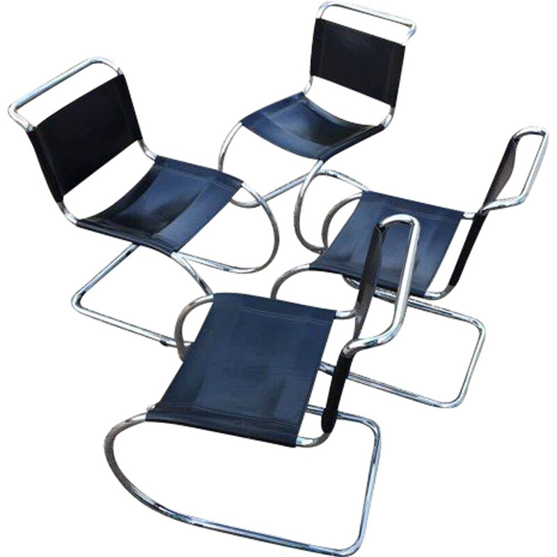 Set of 4 vintage MR10 chairs black leather, chromed frame