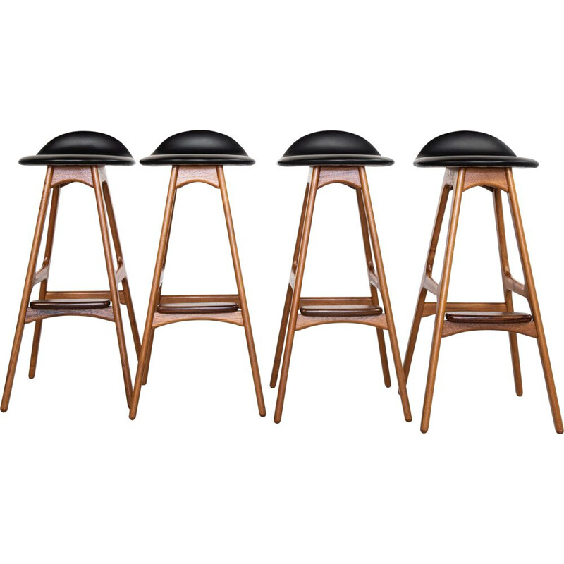 Set of 4 bar Midcentury stools in teak and leather by Erik Buch for O.D. Møbler Danish