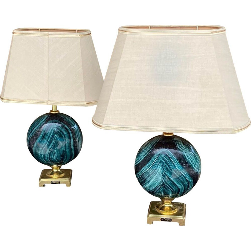Pair of Malachite Vintage Pattern Painted Metal Table Lamps, 1970