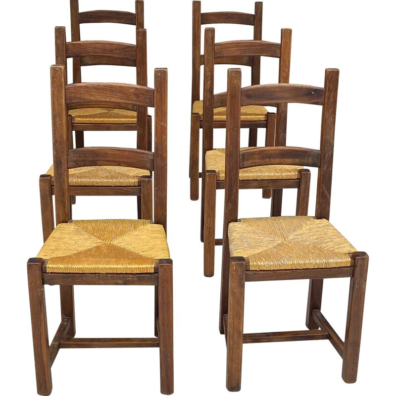 Set of 6 vintage straw and solid wood chairs, 1950