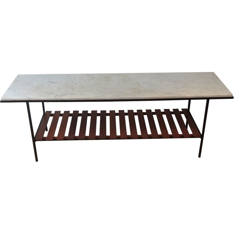 Vintage Metal Side Table Marble Top And Teak Slatted Shelf 1950s