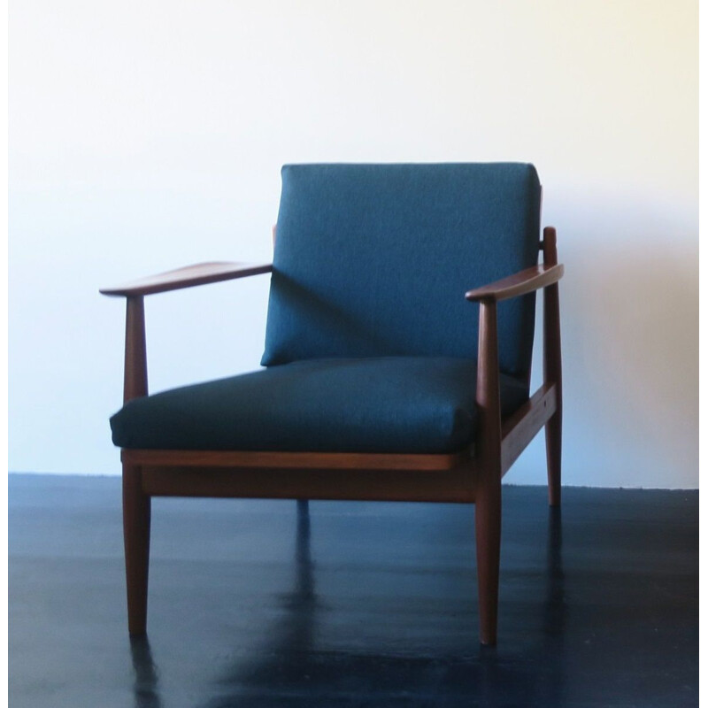 Vintage Teak Lounge Chair Sea Blue Green Covers Danish 1960