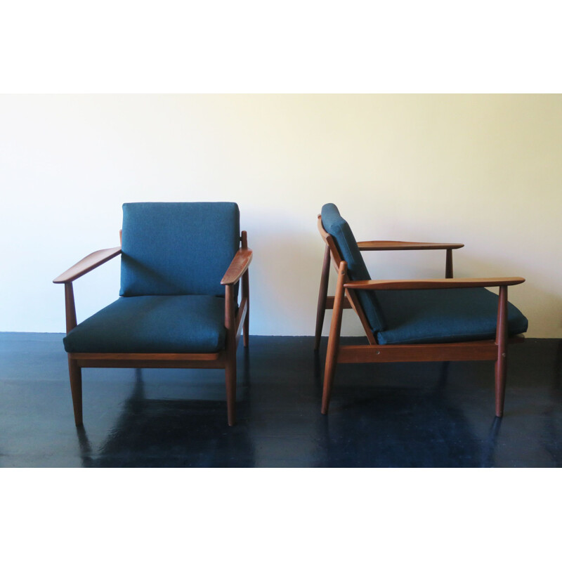 Vintage Teak Lounge Chair Sea Blue Green Covers Danish 1960